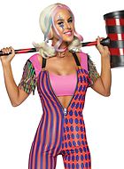 Kvinnlig harlekin, jumpsuit-dräkt med dragkedja på framsidan och hängslen